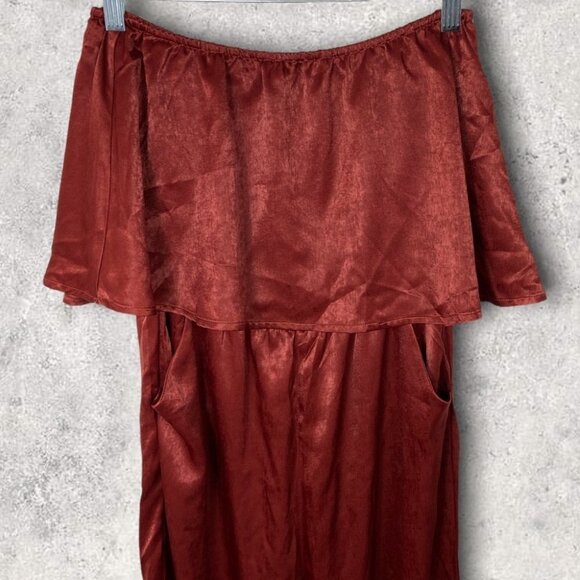 NWT Emory Park Burnt Rust Ruffle Strapless Jumpsuit Satin Red Brown Size Medium - Picture 3 of 13